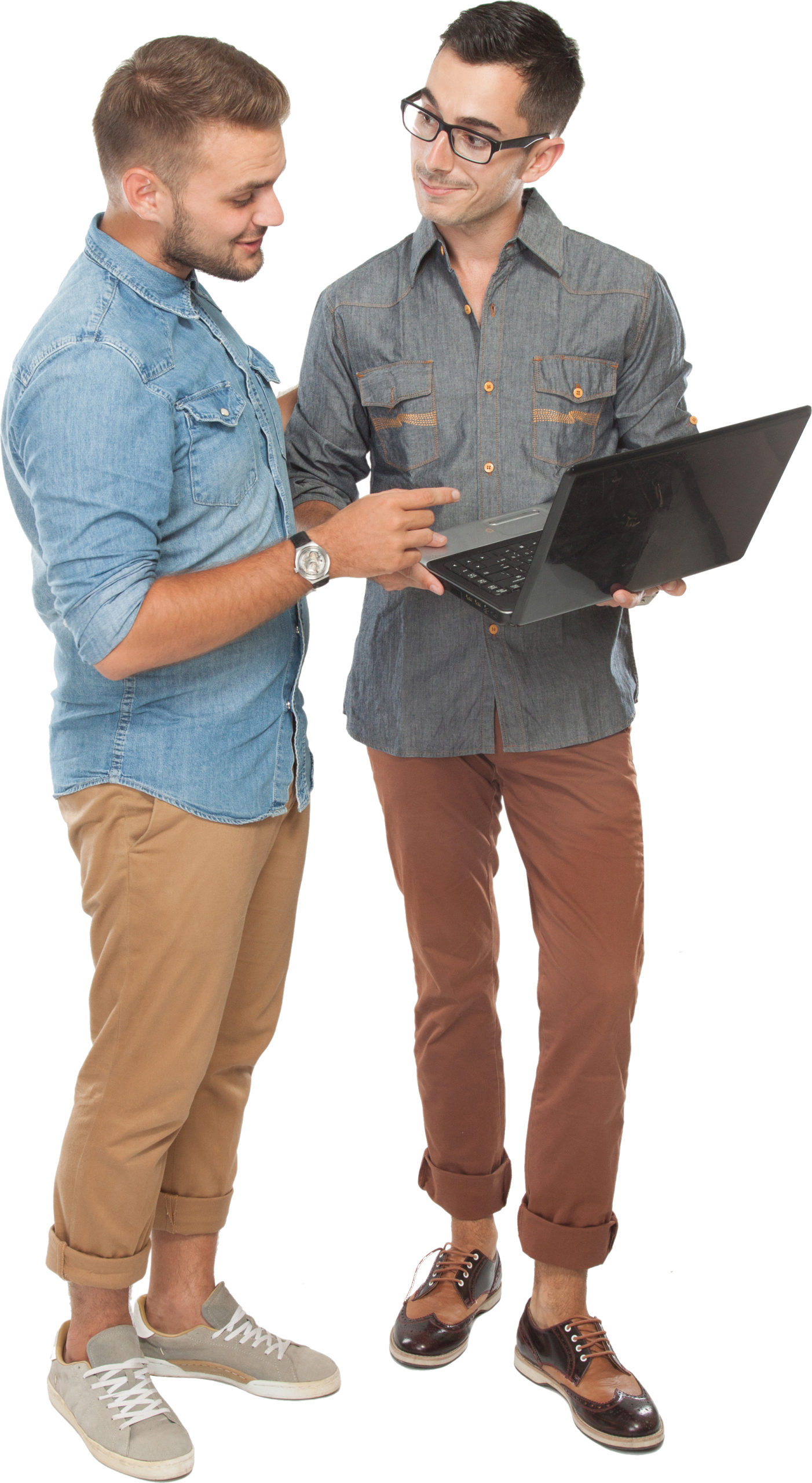 two cheerful young man dicussing something laptop smiling scaled